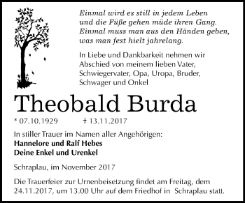 Traueranzeige von Theobald Burda von Mitteldeutsche Zeitung Merseburg/Querfurt