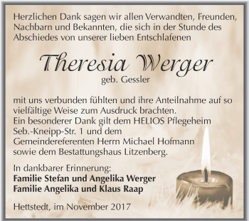 Traueranzeige von Theresia Werger von Wochenspiegel Mansfelder Land