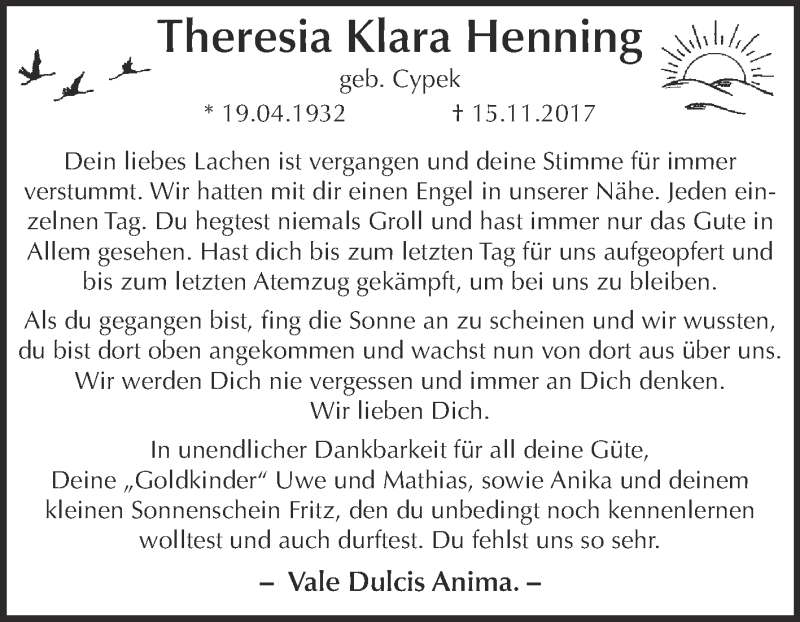  Traueranzeige für Theresia Klara Henning vom 18.11.2017 aus Super Sonntag Bernburg
