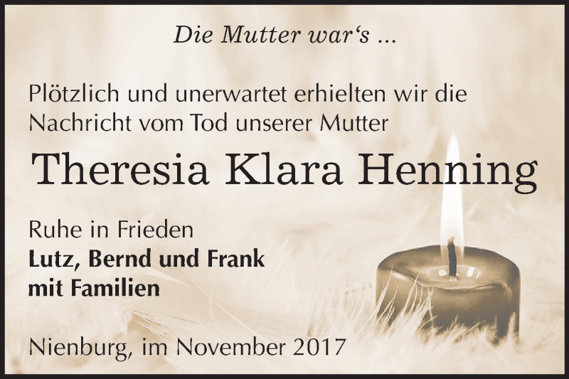  Traueranzeige für Theresia Klara Henning vom 25.11.2017 aus Mitteldeutsche Zeitung Bernburg
