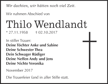 Traueranzeige von Thilo Wendlandt von WVG - Wochenspiegel Bitterfeld