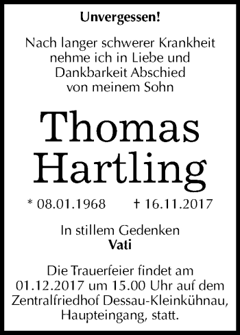 Traueranzeige von Thomas Hartling von Mitteldeutsche Zeitung