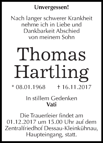 Traueranzeige von Thomas Hartling von WVG - Wochenspiegel Dessau / Köthen