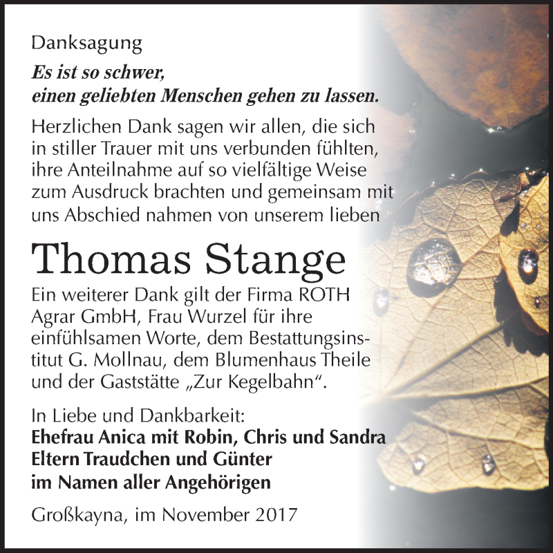  Traueranzeige für Thomas Stange vom 11.11.2017 aus Mitteldeutsche Zeitung Merseburg/Querfurt
