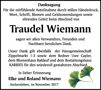 Traueranzeige von Traudel Wiemann von WVG - Wochenspiegel Quedlinburg
