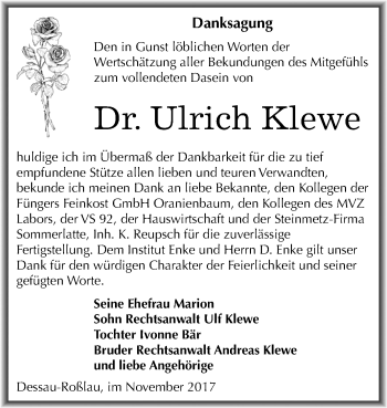 Traueranzeige von Ulrich Klewe von Mitteldeutsche Zeitung Dessau-Roßlau