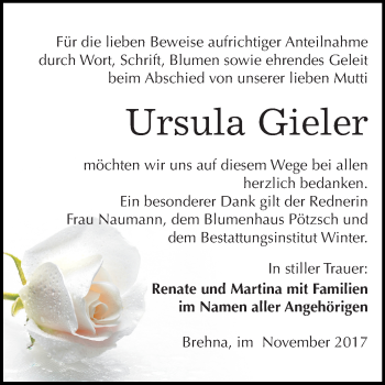 Traueranzeige von Ursula Gieler von Mitteldeutsche Zeitung Bitterfeld