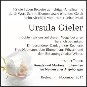Traueranzeige von Ursula Gieler von WVG - Wochenspiegel Bitterfeld