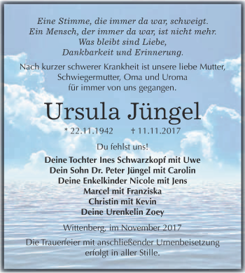 Traueranzeige von Ursula Jüngel von Super Sonntag Wittenberg