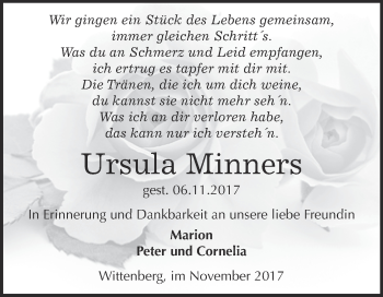 Traueranzeige von Ursula Minners von Super Sonntag Wittenberg