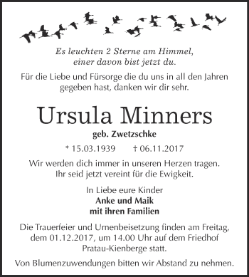Traueranzeige von Ursula Minners von WVG - Wochenspiegel Wittenberg