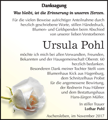Traueranzeige von Ursula Pohl von Mitteldeutsche Zeitung Aschersleben