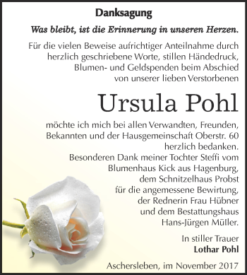 Traueranzeige von Ursula Pohl von Super Sonntag Aschersleben