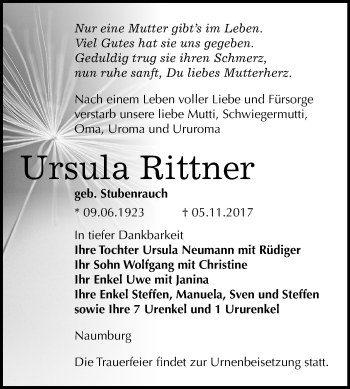 Traueranzeige von Ursula Rittner von Mitteldeutsche Zeitung