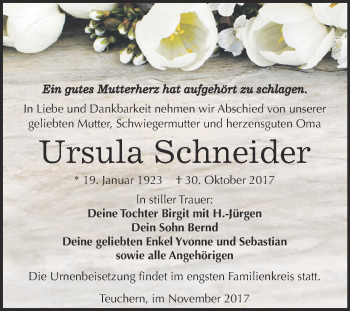 Traueranzeige von Ursula Schneider von WVG - Wochenspiegel NMB / WSF / ZTZ