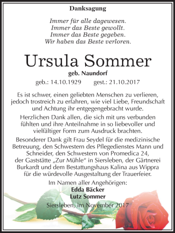 Traueranzeige von Ursula Sommer von Mitteldeutsche Zeitung