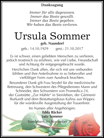 Traueranzeige von Ursula Sommer von Super Sonntag SGH Mansf. Land