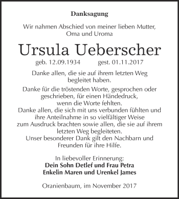 Traueranzeige von Ursula  Ueberscher von Super Sonntag Wittenberg