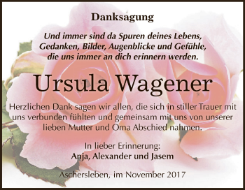 Traueranzeige von Ursula Wagener von Super Sonntag Aschersleben