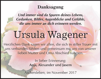 Traueranzeige von Ursula Wagener von Mitteldeutsche Zeitung Aschersleben