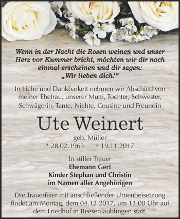 Traueranzeige von Ute Weinert von Super Sonntag Bernburg