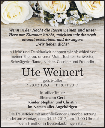 Traueranzeige von Ute Weinert von Mitteldeutsche Zeitung Bernburg