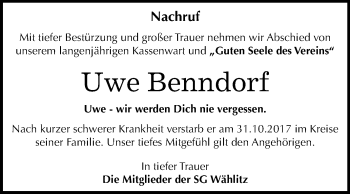 Traueranzeige von Uwe Benndorf von Mitteldeutsche Zeitung Weißenfels