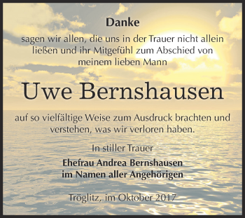 Traueranzeige von Uwe Bernshausen von Super Sonntag Zeitz
