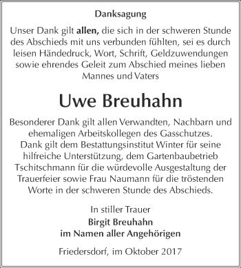 Traueranzeige von Uwe Breuhahn von WVG - Wochenspiegel Bitterfeld