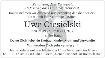 Traueranzeige von Uwe Ciesielski von WVG - Wochenspiegel Bitterfeld
