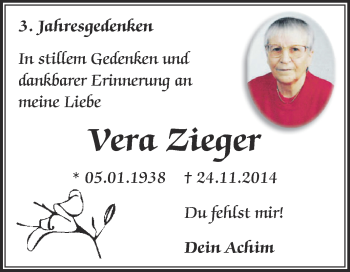 Traueranzeige von Vera Zieger von WVG - Wochenspiegel Dessau / Köthen