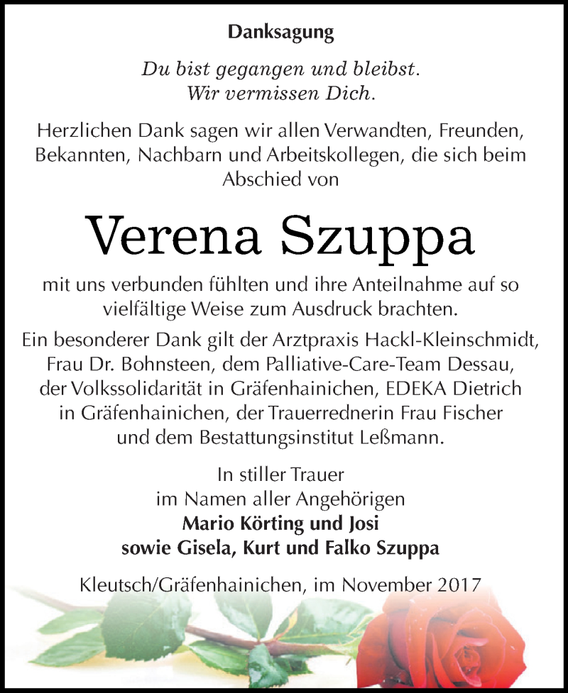  Traueranzeige für Verena Szuppa vom 11.11.2017 aus WVG - Wochenspiegel Dessau / Köthen