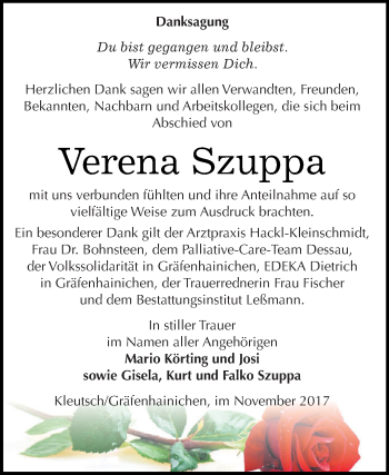 Traueranzeige von Verena Szuppa von WVG - Wochenspiegel Dessau / Köthen