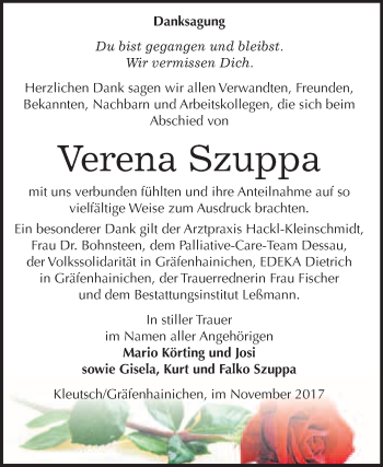 Traueranzeige von Verena Szuppa von WVG - Wochenspiegel Wittenberg