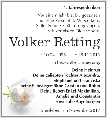 Traueranzeige von Volker Retting von Mitteldeutsche Zeitung