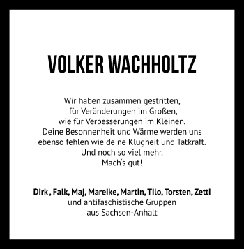 Traueranzeige von Volker Wachholtz von Mitteldeutsche Zeitung Quedlinburg