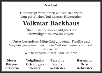 Traueranzeige von Volkmar Backhaus von Super Sonntag Aschersleben
