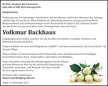 Traueranzeige von Volkmar Backhaus von Mitteldeutsche Zeitung Aschersleben