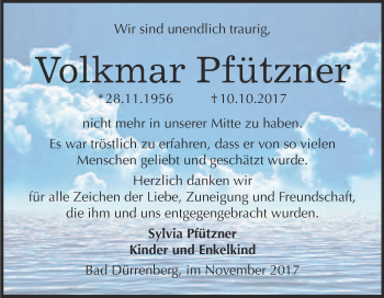 Traueranzeige von Volkmar Pfützner von Super Sonntag Merseburg