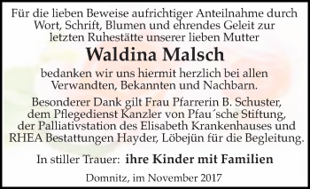 Traueranzeige von Waldina Malsch von Mitteldeutsche Zeitung Halle/Saalkreis
