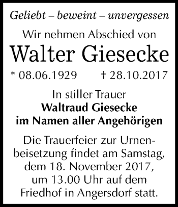 Traueranzeige von Walter Giesecke von Mitteldeutsche Zeitung Halle/Saalkreis
