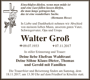 Traueranzeige von Walter Groß von WVG - Wochenspiegel Dessau / Köthen