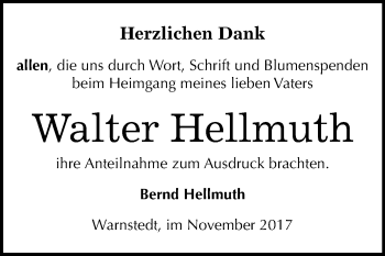 Traueranzeige von Walter Hellmuth von Mitteldeutsche Zeitung Quedlinburg