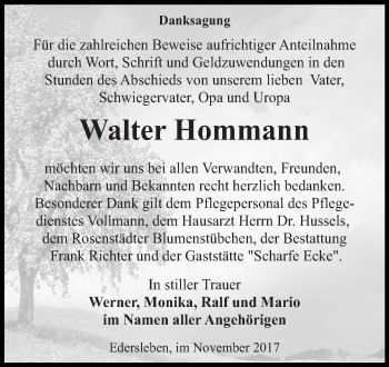 Traueranzeige von Walter Hommann von Super Sonntag SGH Mansf. Land