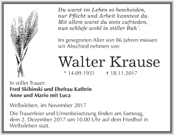 Traueranzeige von Walter Krause von Super Sonntag SGH Mansf. Land