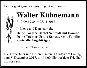 Traueranzeige von Walter Kühnemann von Mitteldeutsche Zeitung Aschersleben