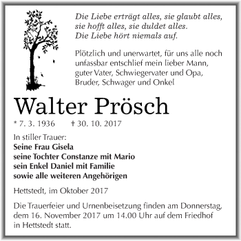 Traueranzeige von Walter Prösch von Wochenspiegel Mansfelder Land