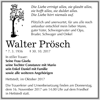 Traueranzeige von Walter Prösch von Mitteldeutsche Zeitung