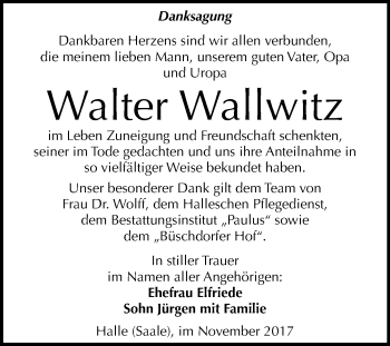 Traueranzeige von Walter Wallwitz von Mitteldeutsche Zeitung Halle/Saalkreis