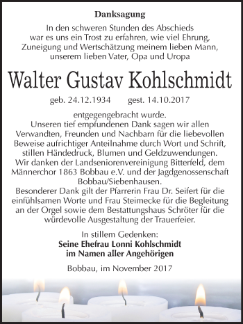 Traueranzeige von Walter Gustav Kohlschmidt von Mitteldeutsche Zeitung Bitterfeld